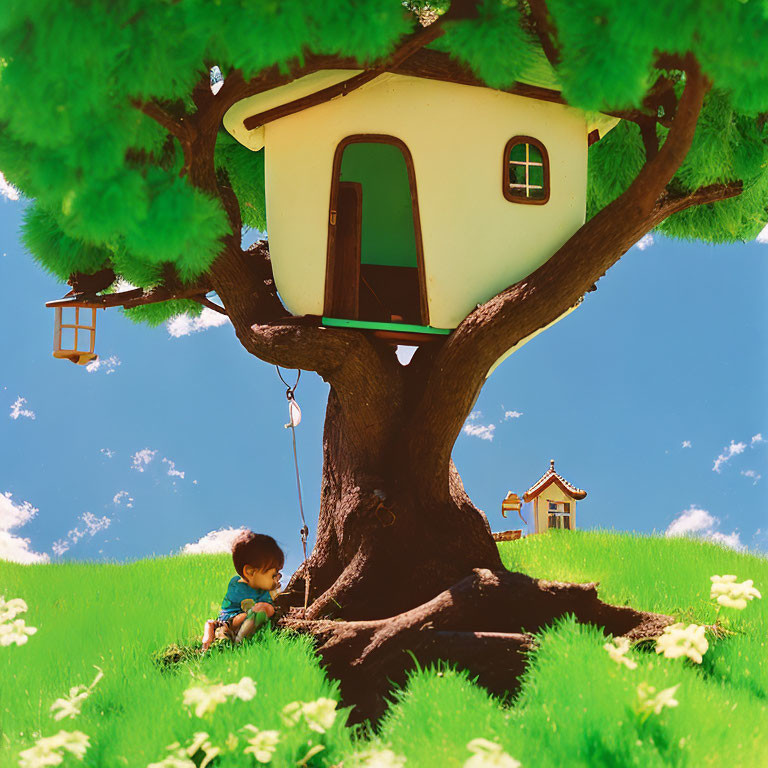 Child sitting by whimsical tree house under vibrant blue sky