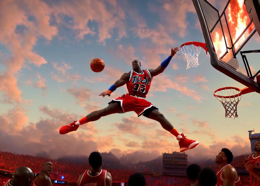 Animated basketball player in red and black uniform slam dunking with fiery hoop background.