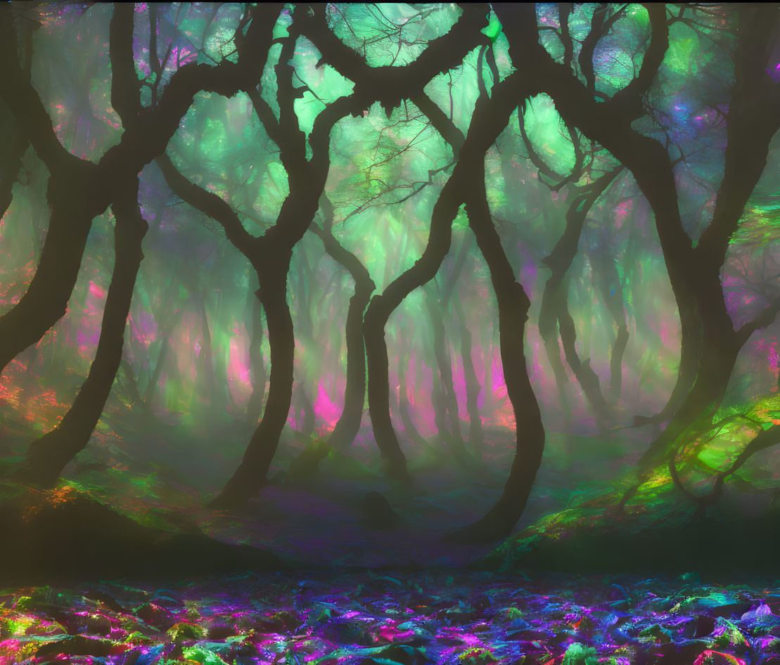 Mystical forest with twisted trees and colorful glowing lights