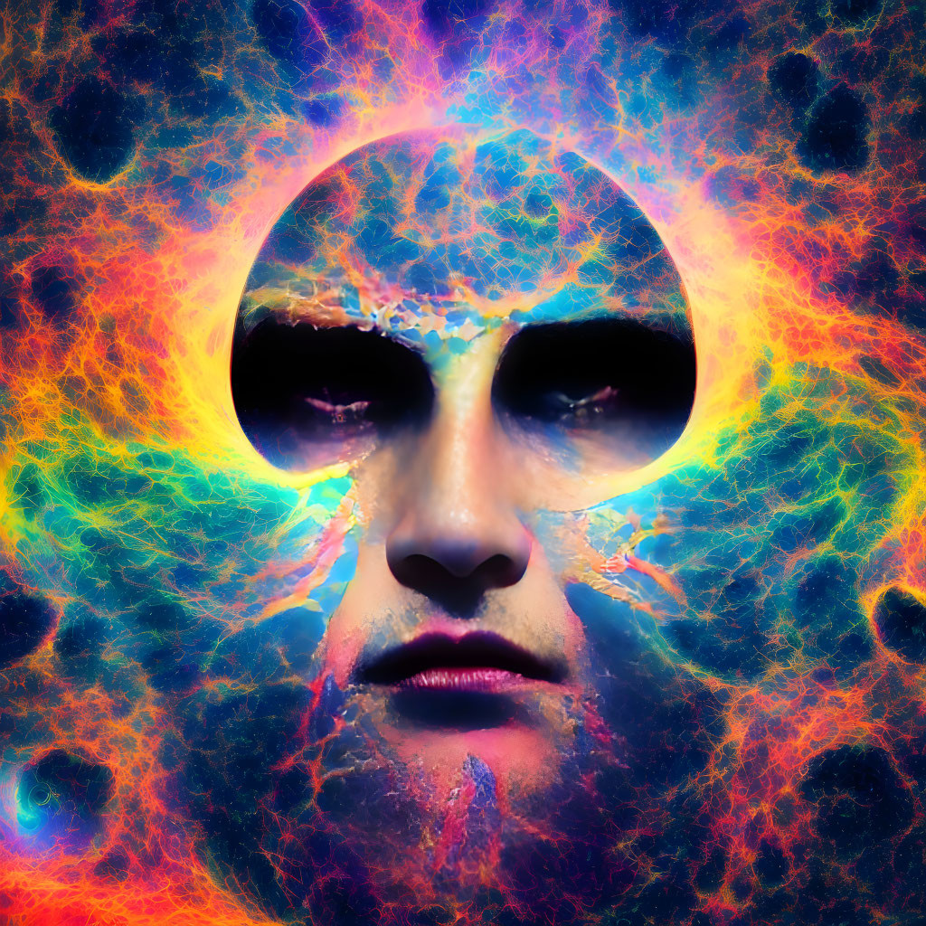 Surreal portrait blending man's face with cosmic elements and radiant sun