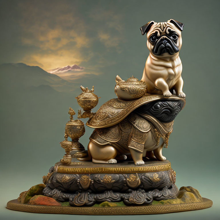 Pug Dog Figurine on Ornate Turtle with Sunset Sky