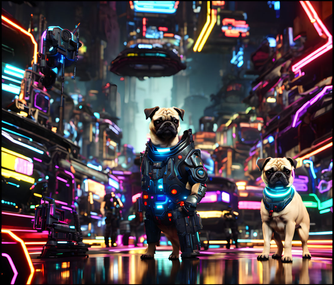 Two pugs in cybernetic suits in neon-lit futuristic cityscape