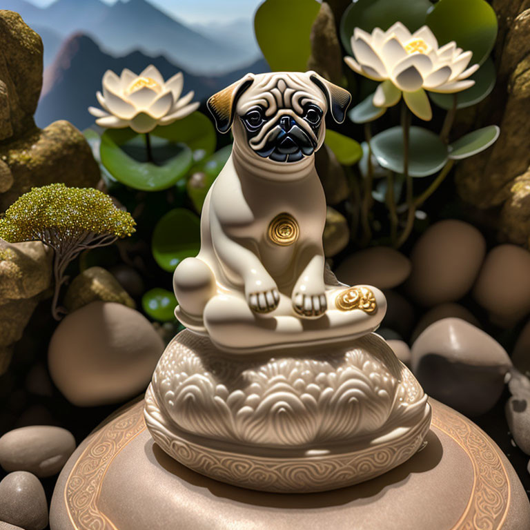 Golden detailed pug figurine on decorative pedestal with lotus flowers and rocks