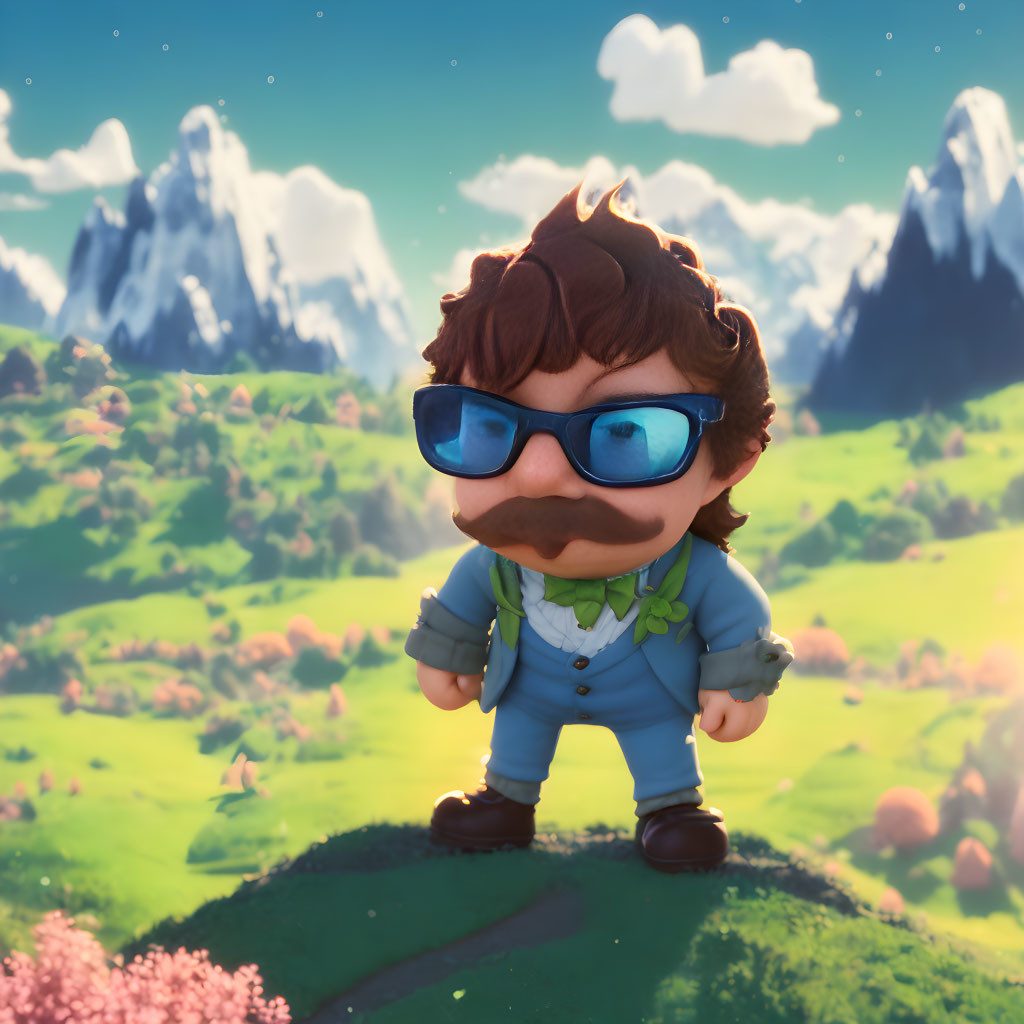 Mustached character in blue glasses and suit on vibrant path