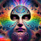 Surreal portrait blending man's face with cosmic elements and radiant sun