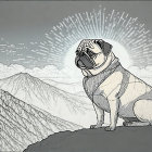 Illustrated pug sitting on hill under cloudy sky