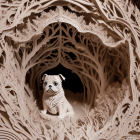 Pug with decorative collar in front of floral backdrop with gold accents