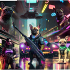 Two pugs in cybernetic suits in neon-lit futuristic cityscape