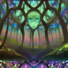 Mystical forest with twisted trees and colorful glowing lights