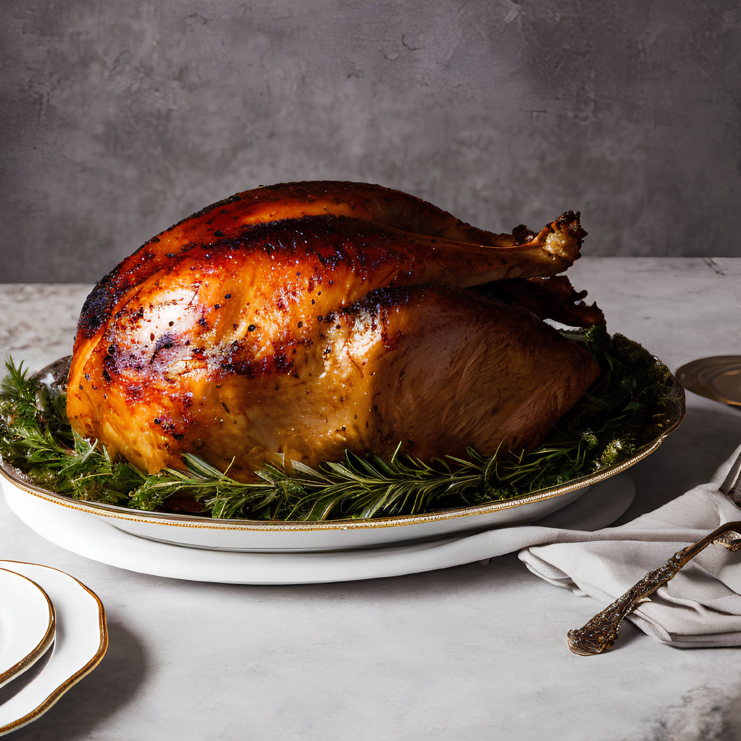 Golden-brown roasted turkey on platter with herb garnish for festive meal