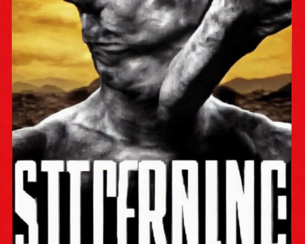 Muscular male torso sculpture in desert landscape with "STRENGTH" text below