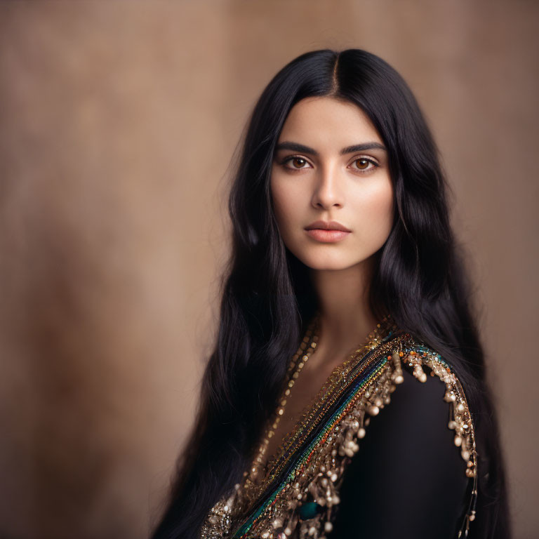 Woman with Long Black Hair in Decorative Black Outfit on Blurred Brown Background