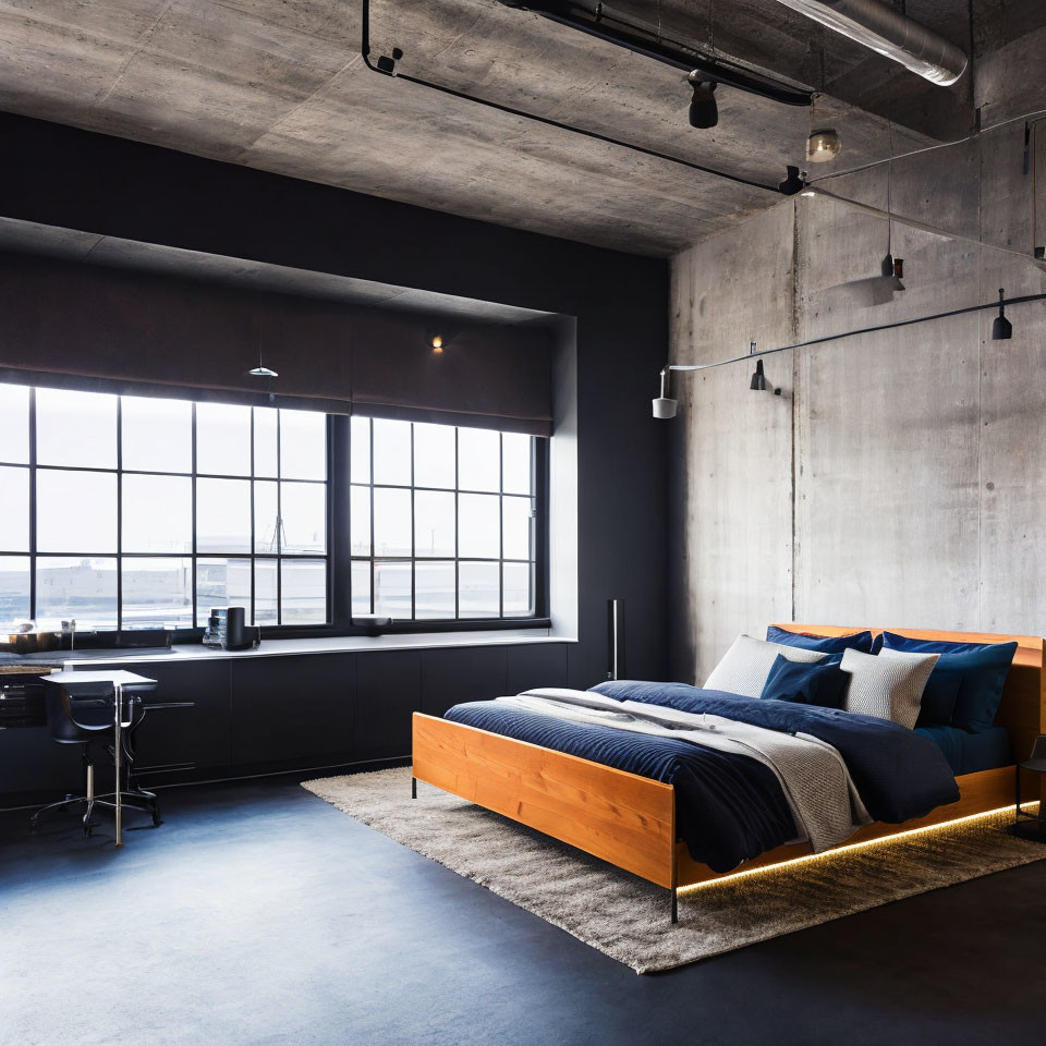 Minimalist Modern Bedroom with Blue and Orange Bedding, Concrete Walls, Large Windows, and Office Desk