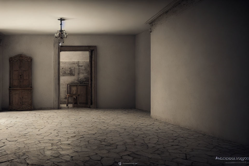 Empty dimly lit room with cracked floors, wooden door, chair, mirror, and hanging light fixture