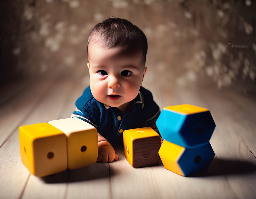 Dark-Haired Baby in Blue Outfit on Wooden Floor with Toy Blocks