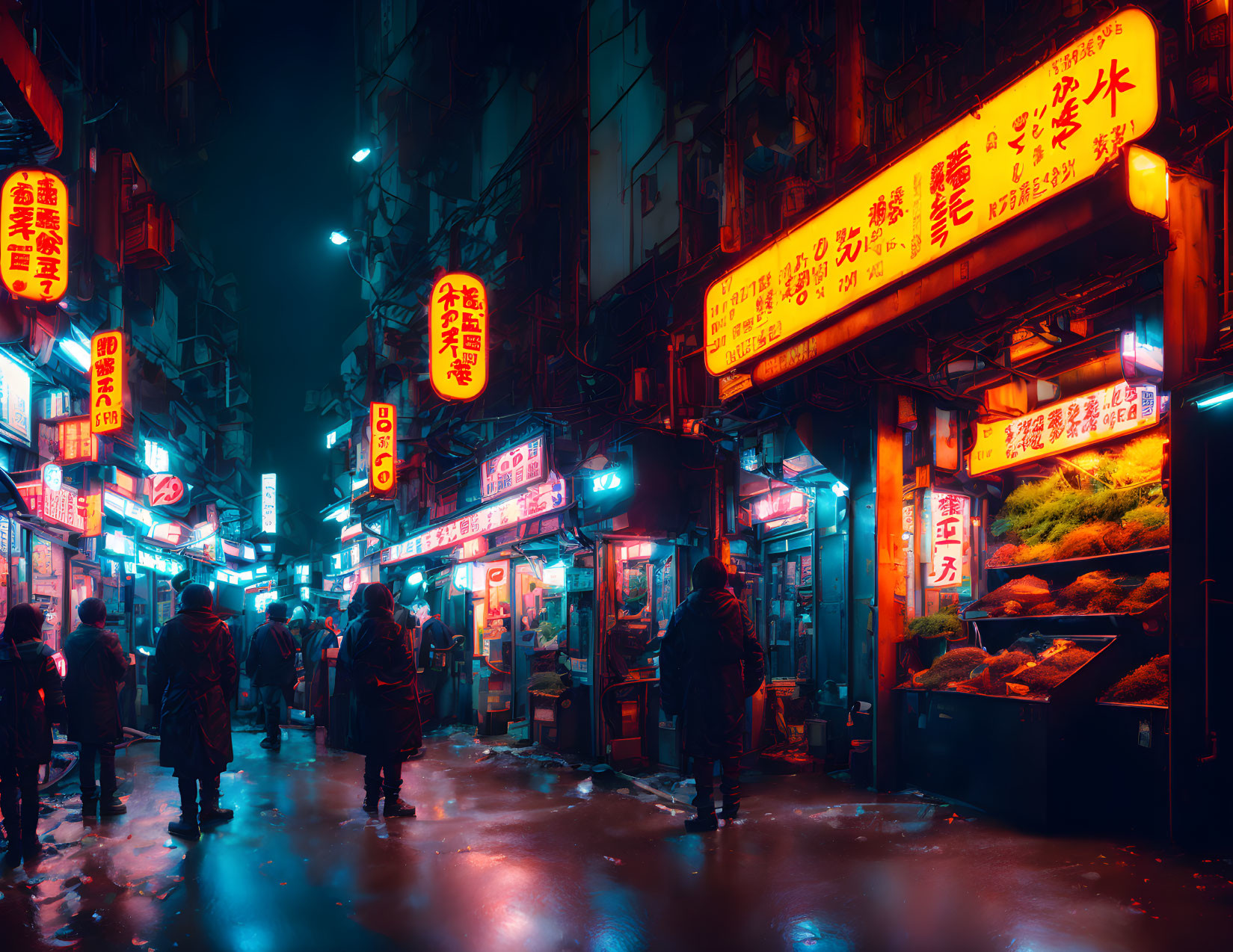 Vibrant Asian street scene at night with neon lights, market stalls, and pedestrians