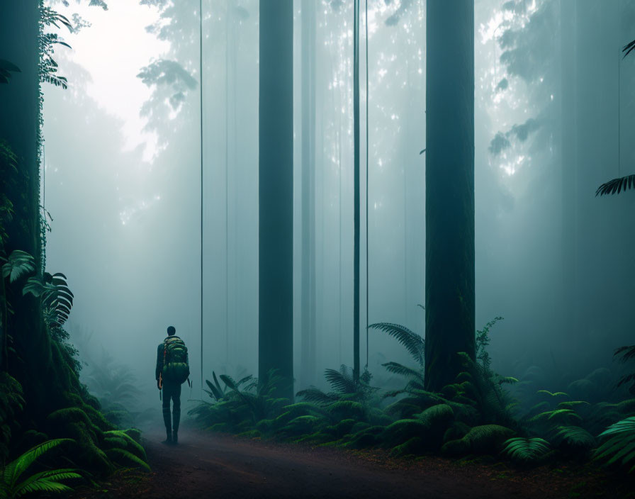 Solitary hiker in misty forest with tall trees and lush ferns