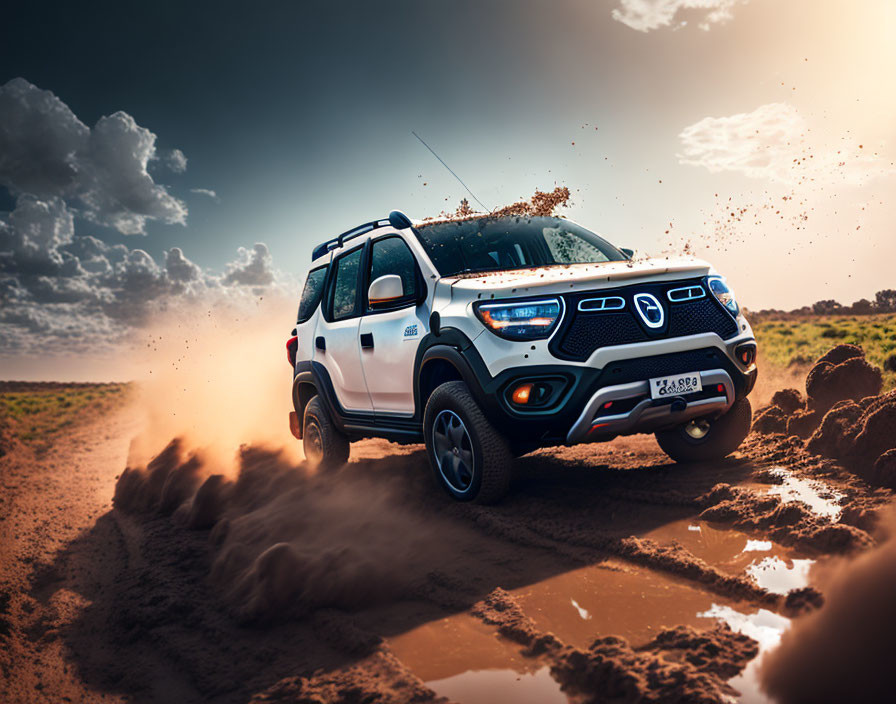 White SUV Speeding on Dusty Desert Road under Dramatic Sky