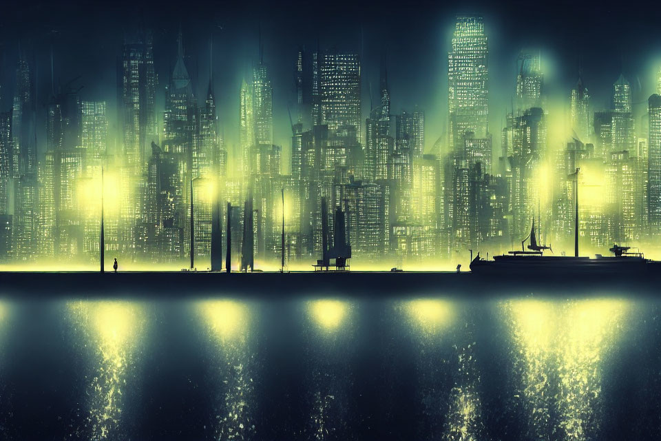 Futuristic night cityscape with glowing skyscrapers and misty reflections