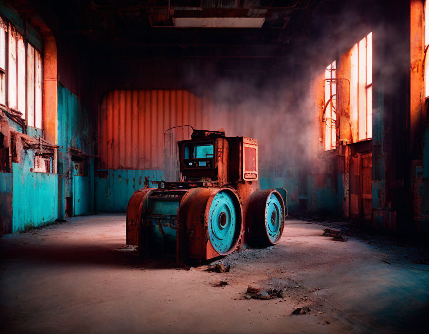 Abandoned rusty tractor in dusty warehouse with sunlight streaming