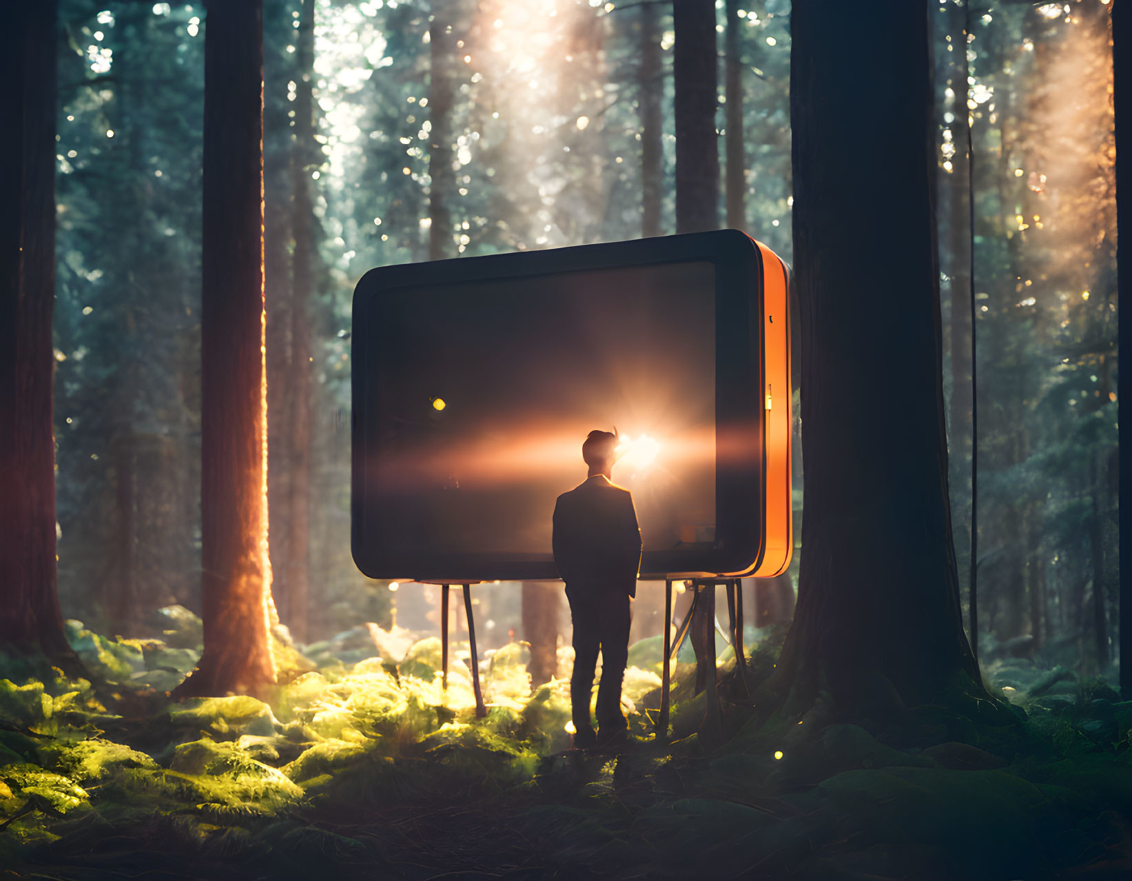 Silhouetted figure in misty forest with oversized lit billboard