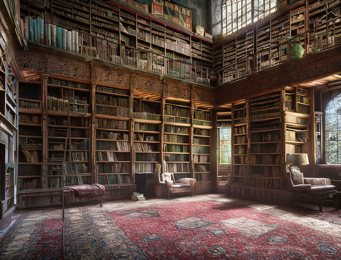 Luxurious Sunlit Library with Towering Bookshelves