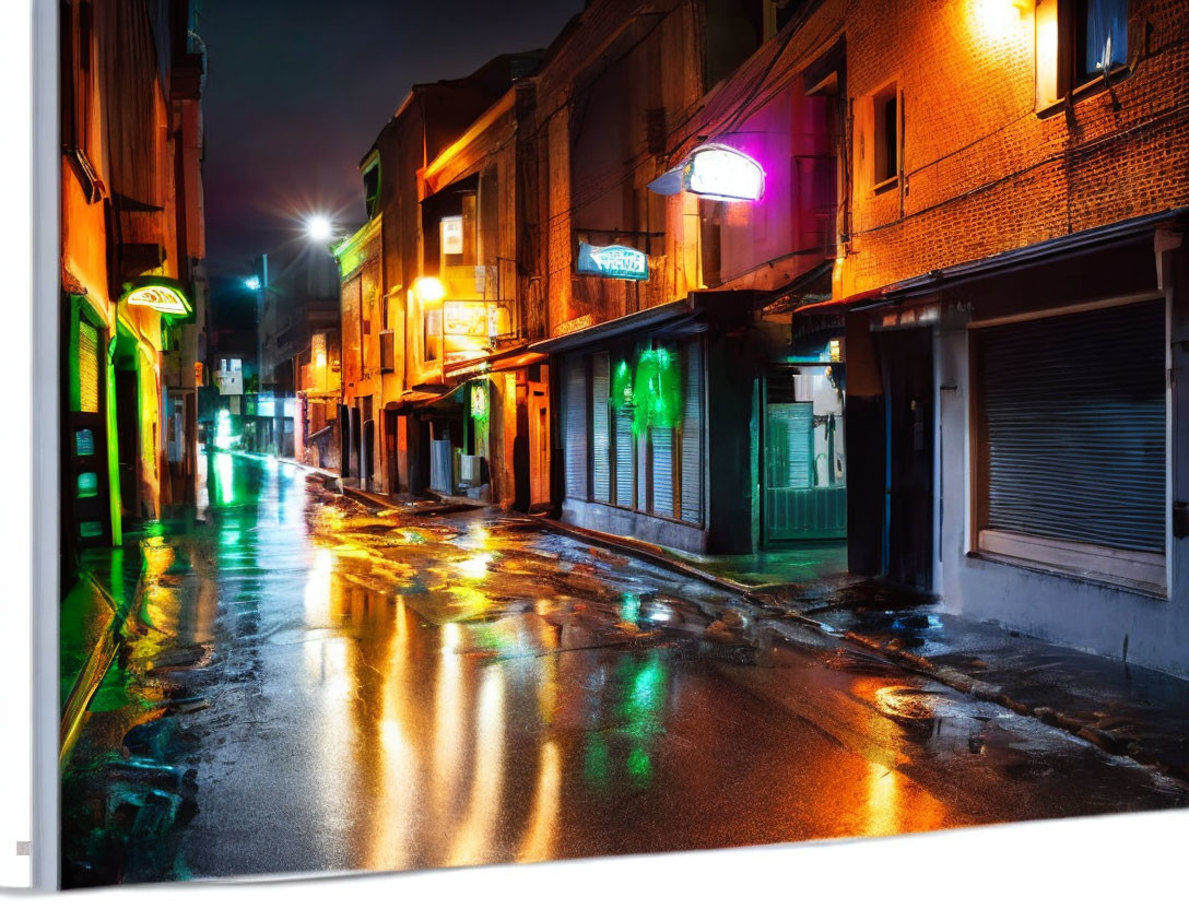 Vibrant neon signs illuminate rain-slicked alley at night