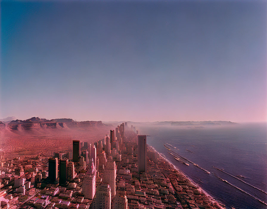 Coastal City Skyline and Mountain Range Merge in Pink Dusk Sky