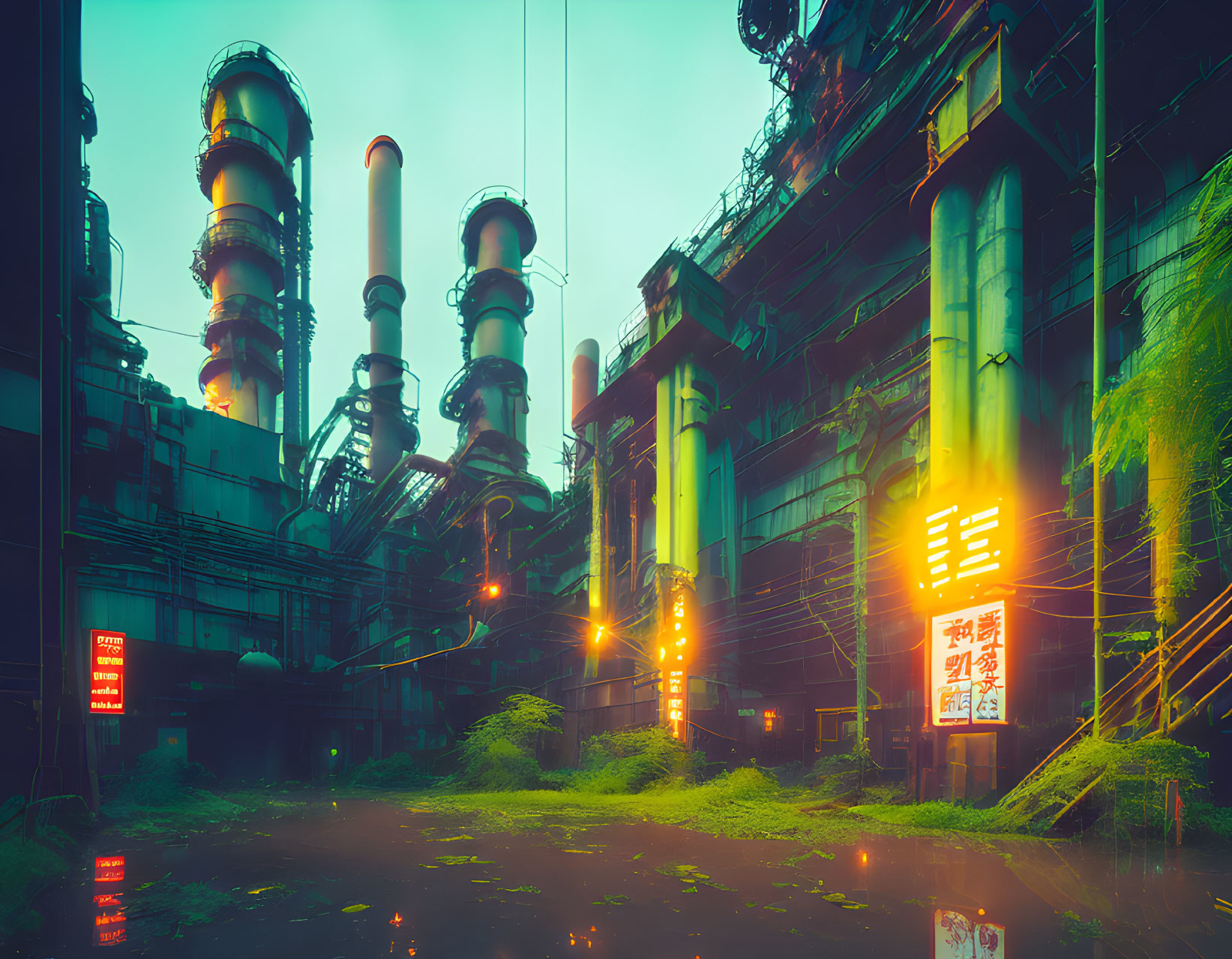 Dystopian industrial scene with towering structures and eerie green light