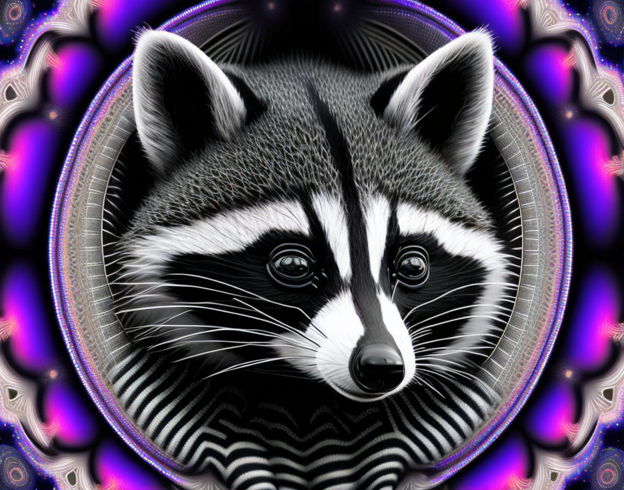 Symmetrical purple and black kaleidoscopic raccoon face artwork