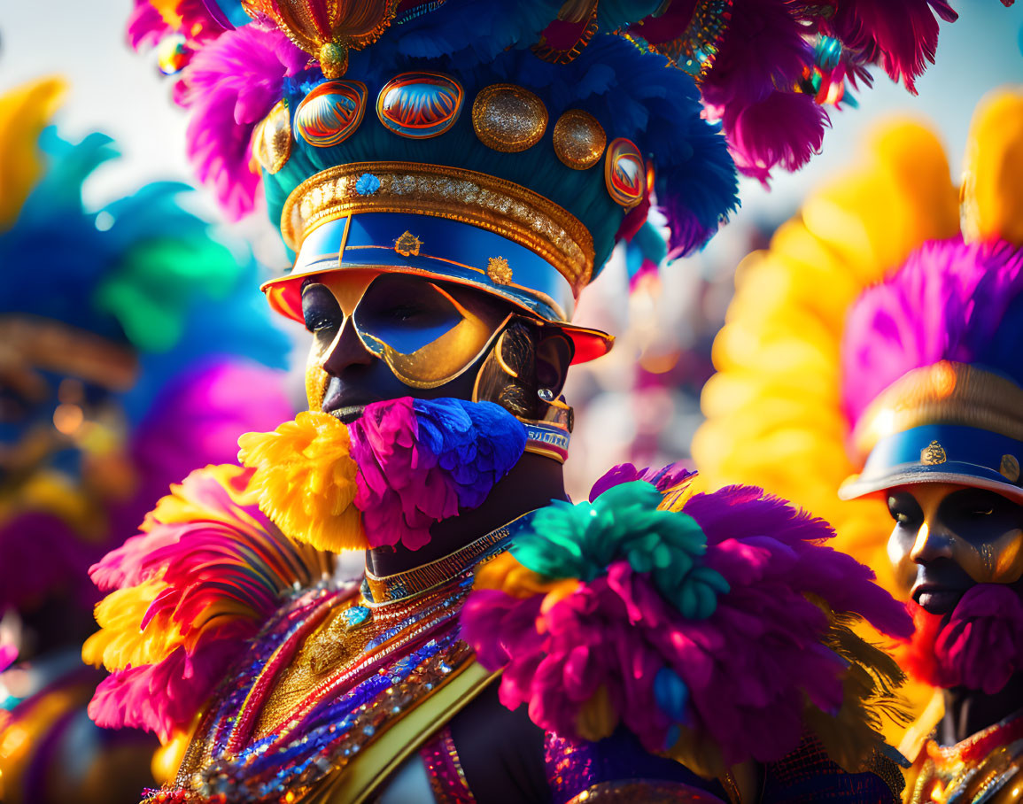 Colorful Carnival Costumes with Feathered Headdresses and Masks