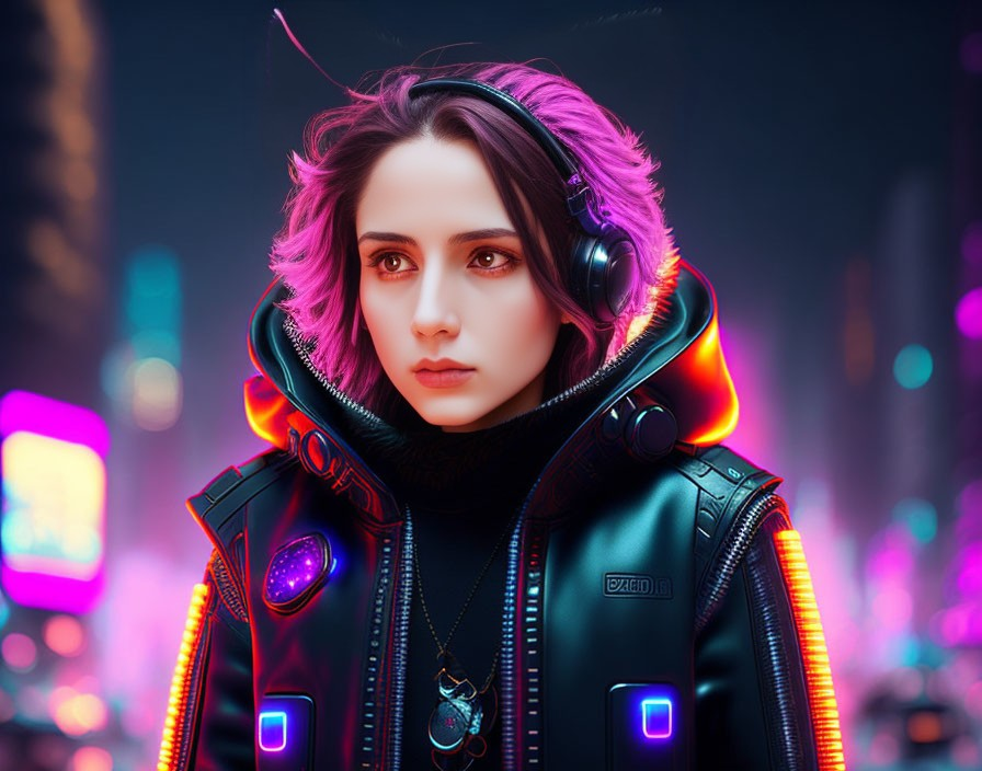 Purple-Haired Person in Futuristic Jacket with Headphones in Cityscape