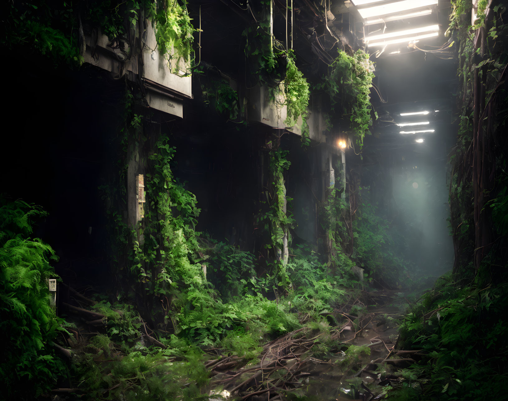 Abandoned indoor space with overgrown greenery and debris