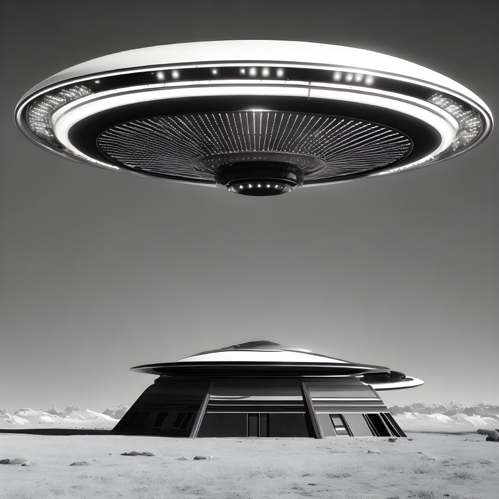 Futuristic UFO hovering above modern structure in barren landscape