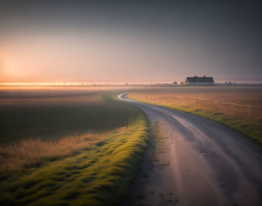 Curving Dirt Road to Solitary House in Misty Meadow Sunrise