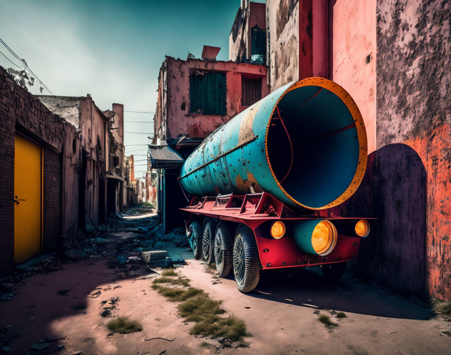 Abandoned oversized trailer with blue tube in desolate alley