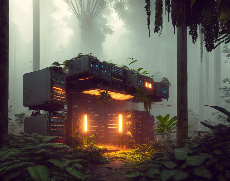 High-tech futuristic gateway in misty jungle with sunlight beams