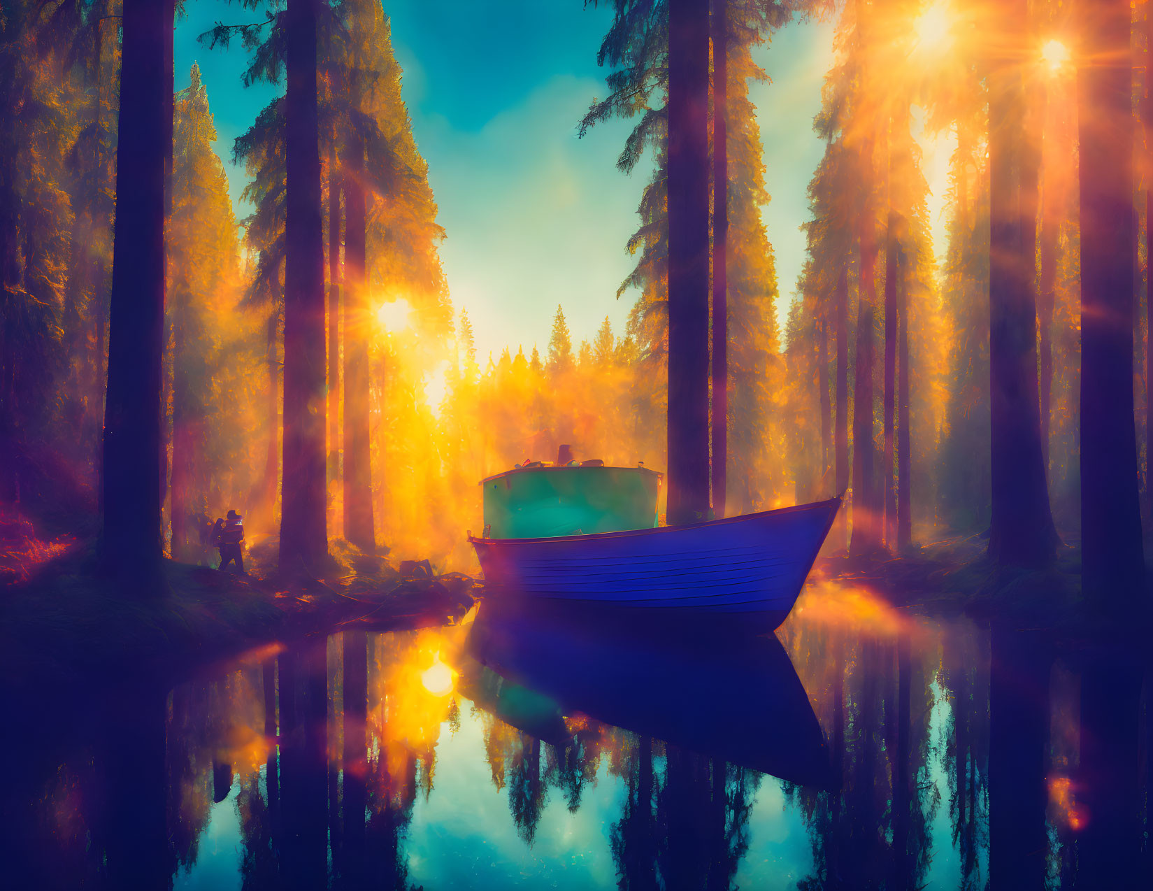 Tranquil forest lake with blue boat under sunset hues