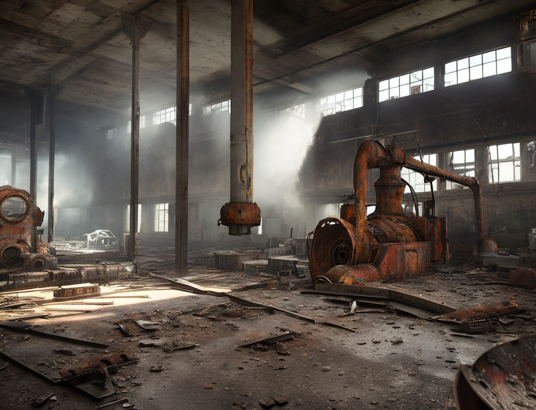 Rusty machinery and debris in abandoned industrial interior