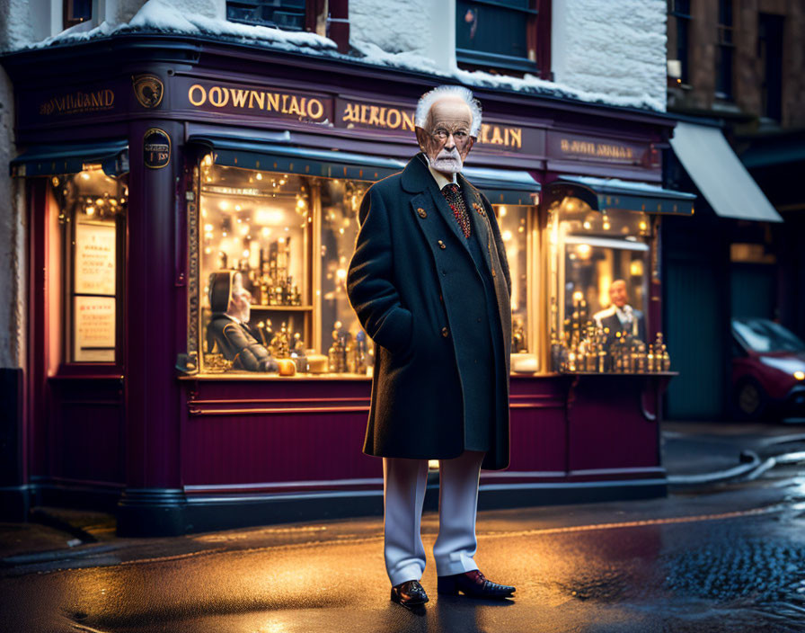 White-bearded elderly man in dark coat and white pants outside cozy shop at dusk