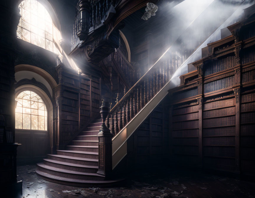 Sunlit dusty library with wooden staircase and old books