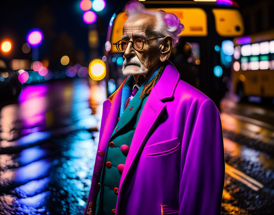 Elderly man in vibrant purple suit on wet city street at night