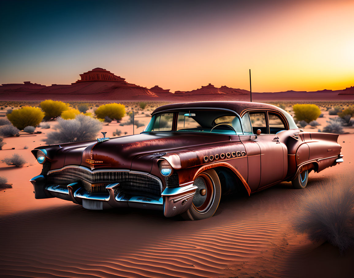 Classic Car in Desert Sunset with Orange and Purple Sky