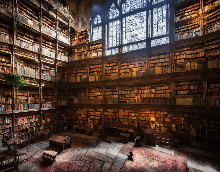 Ornate library with wooden bookshelves and stained-glass window