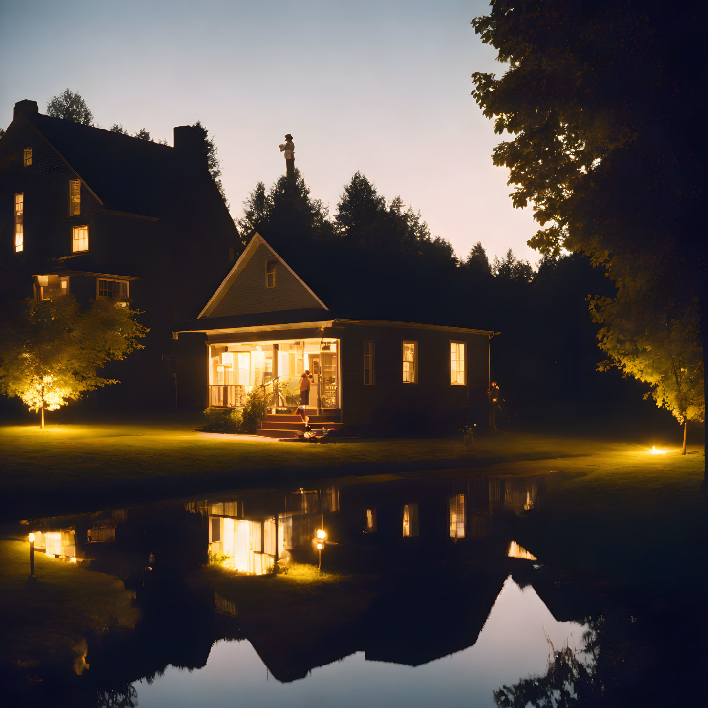 Peaceful Two-Story House Reflecting on Pond at Dusk