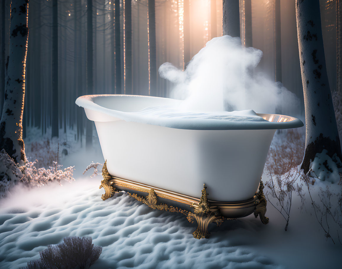 Vintage Bathtub Filled with Steaming Water in Snowy Forest