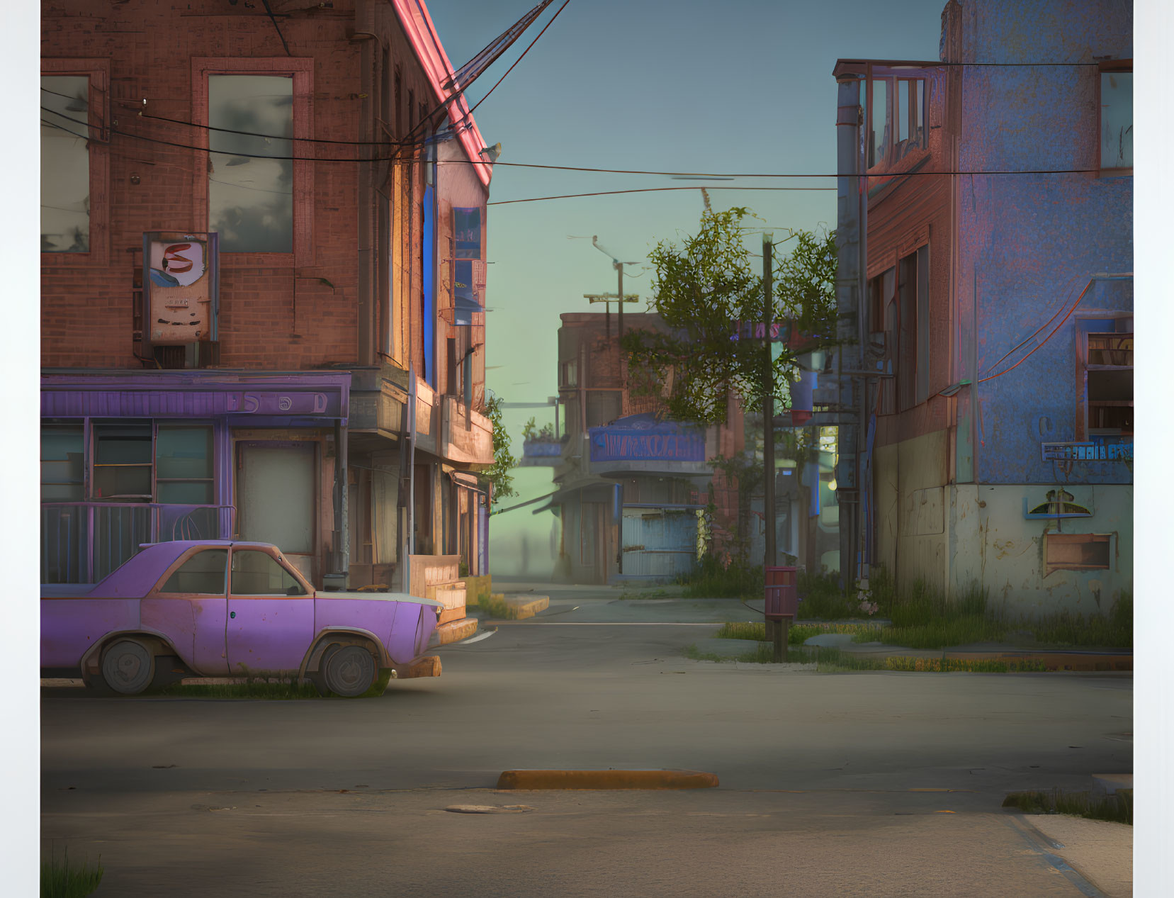 Deserted urban street at sunset with dilapidated buildings and abandoned purple car