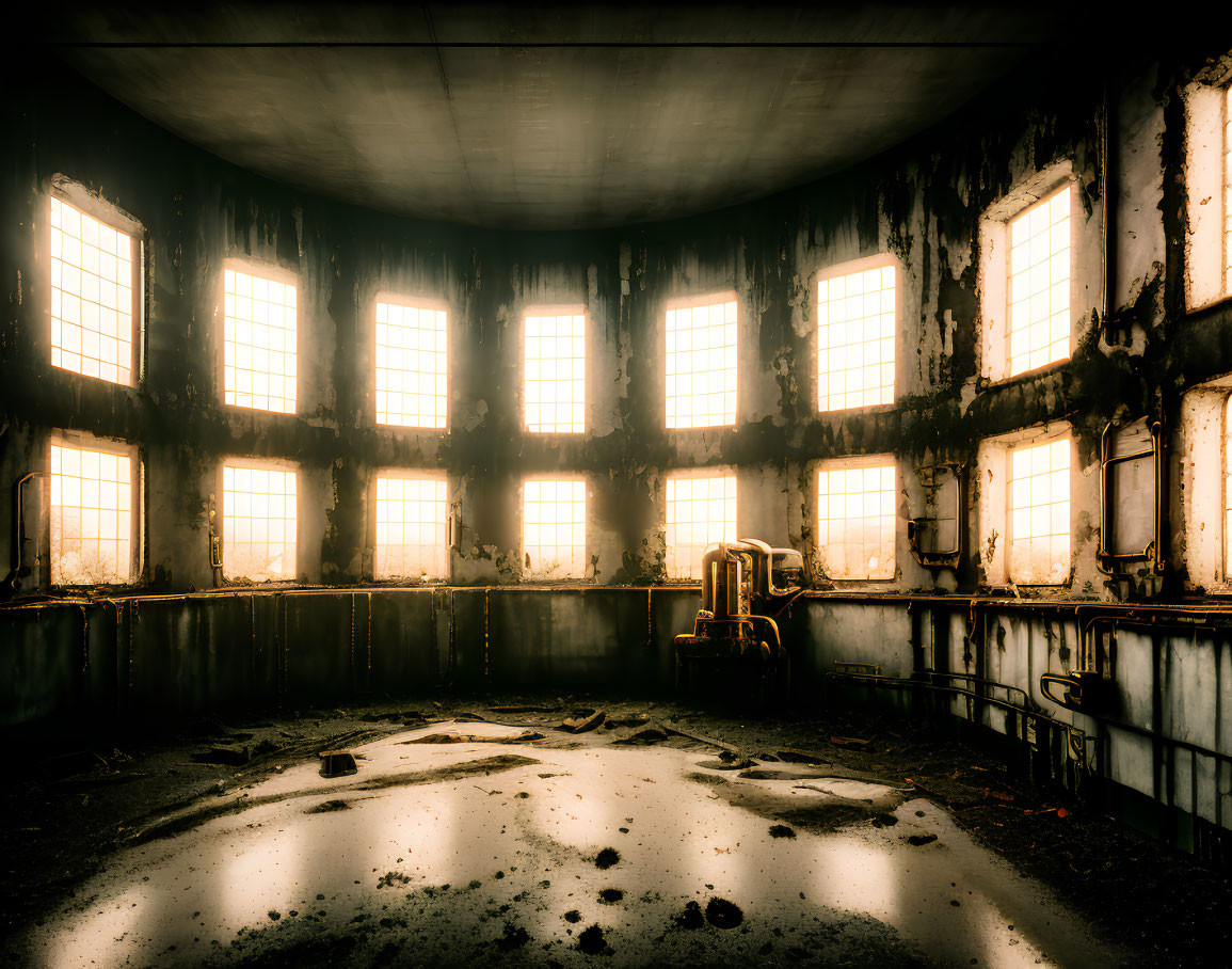 Decaying industrial room with sunlight and shadows over rusty equipment.