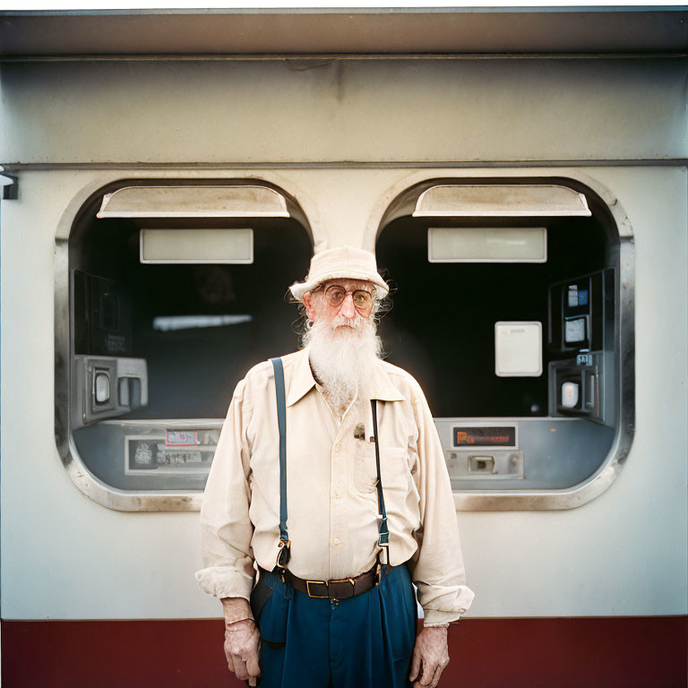 Elderly man with white beard in front of train carriage wearing hat and glasses