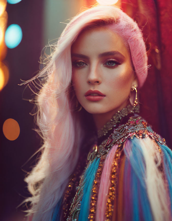 Pastel Pink-Haired Woman in Sequined Jacket and Headband Gazes at Camera